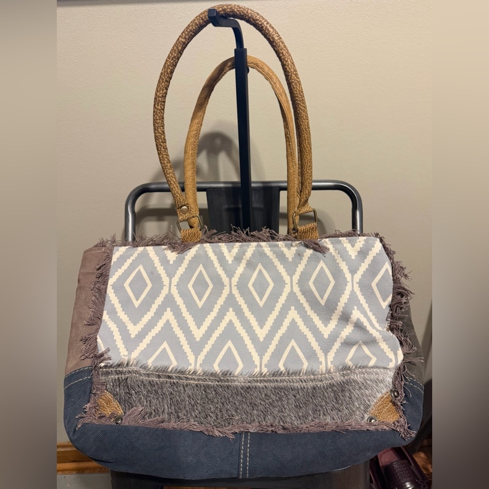 Myra Bag Boho Western Fringe Tote Canvas Cowhide Aztec Festival Bag Boutique